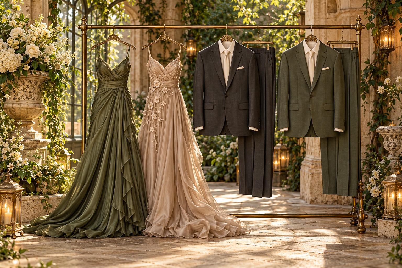 Clothing-only styling display: full-length taupe and olive gowns and tailored suits with ties on brass hangers