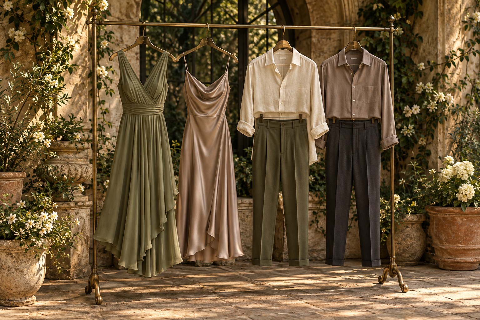 Clothing-only styling display: olive and taupe dresses, cream shirts and tailored trousers on brass hangers in a garden setting